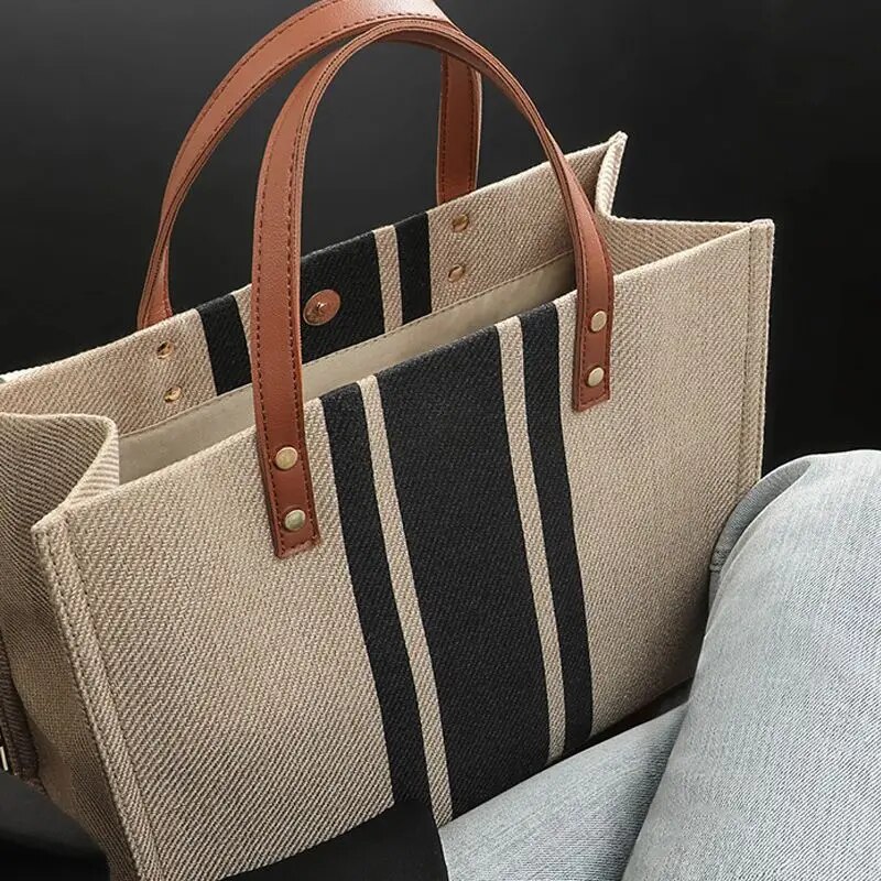 Linen Bag Bulk - Casual Canvas Stripe Pattern Large Capacity